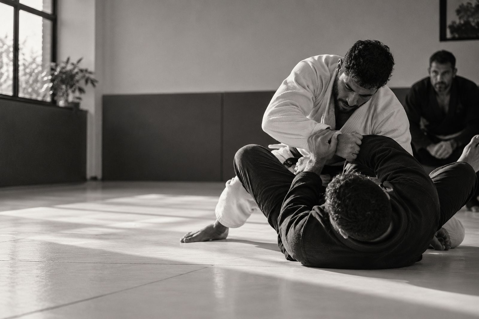 Dois praticantes de quimono treinando guarda no tatame, observados por um professor de faixa preta